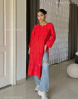 AstarQala - Aspara Chanderi Embroidered Straight Long Kurta For Women - Red - 113