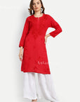 Gazala Rayon Straight Chikankari Kurta For Women - Red