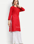Gazala Rayon Straight Chikankari Kurta For Women - Red