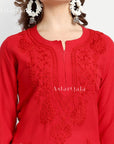 Gazala Rayon Straight Chikankari Kurta For Women - Red