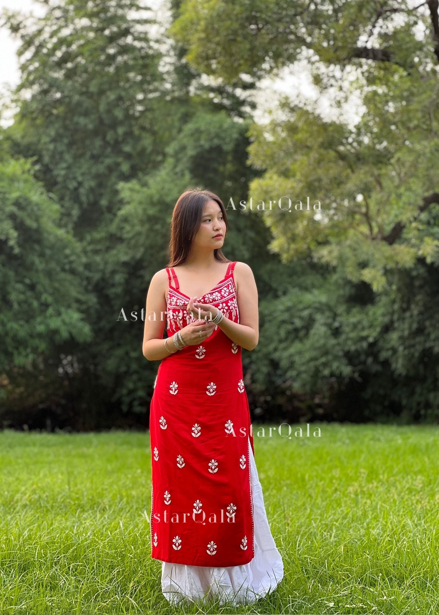Bushra Rayon Chikankari Sleeveless Long Strap Kurti Red – AstarQala