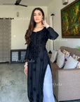 AstarQala - Mehar Chanderi Chikankari Straight Long Kurta For Women - Black - 172