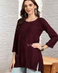 AstarQala - Taya Chikankari Rayon Short Kurti Top - Burgundy - 219