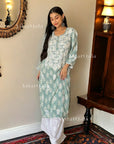 AstarQala - Modal Chikankari Printed Women's Long Kurta - Green - - 228