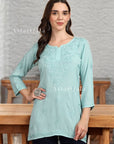 AstarQala - Taya Chikankari Rayon Short Kurti Top - Green - 228_1d4689b7-2f6b-42d7-83e3-b2dddc850fe2