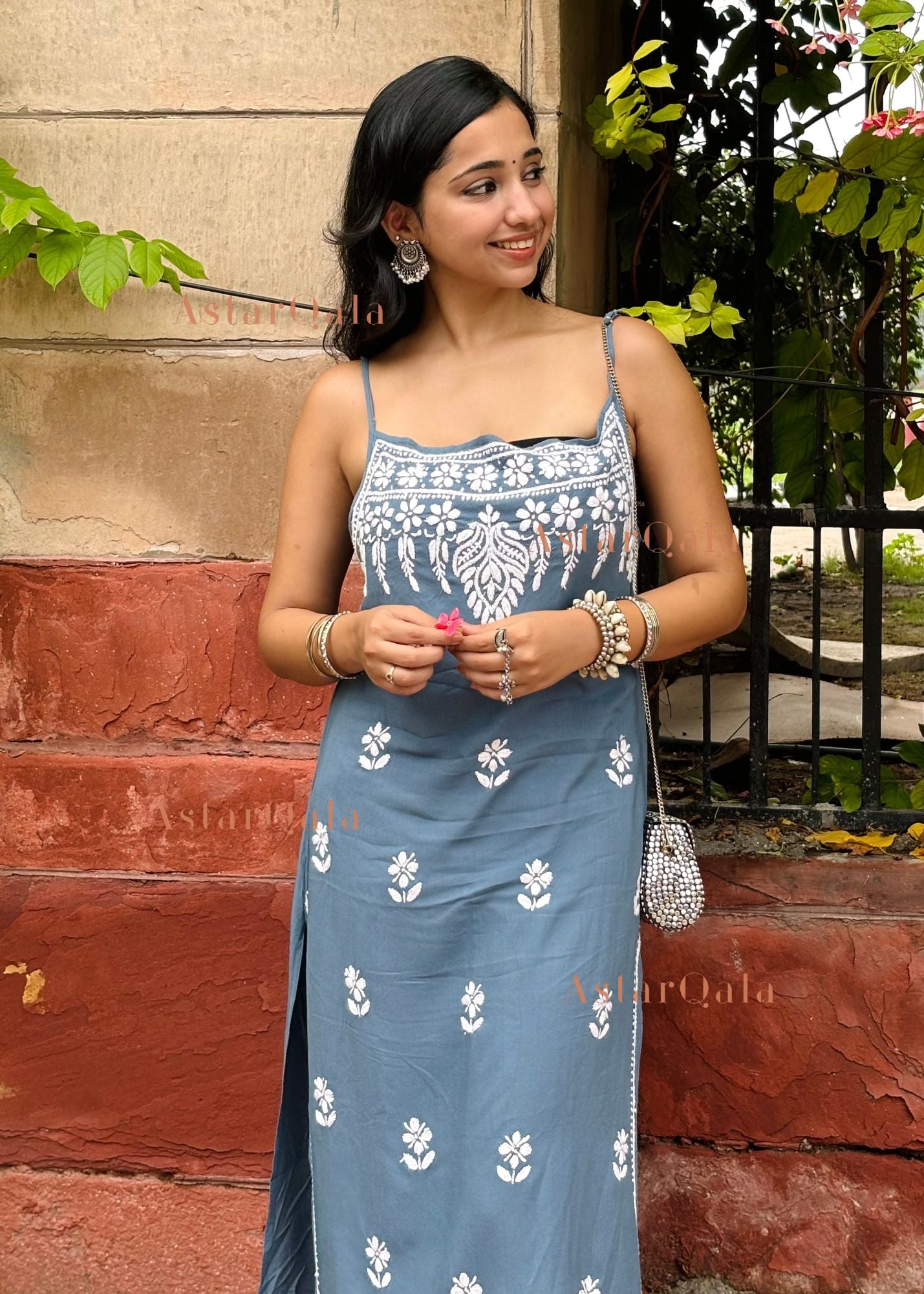 AstarQala - Bushra Rayon Chikankari Sleeveless Long Strap Kurti - Slate Grey Kurti - 230_6d211ceb-e6e5-4699-bbad-7310d5690fd3
