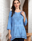 AstarQala - Taya Chikankari Rayon Short Kurti Top - Blue - 232_7d5969df-023f-418f-a842-8f35d1adc0ed