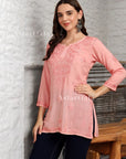 AstarQala - Taya Chikankari Rayon Short Kurti Top - Peach - 241