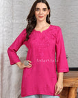 AstarQala - Taya Chikankari Rayon Short Kurti Top - Magenta Pink - 242
