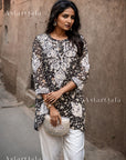 Aiish Straight Chiffon Chikankari Printed Short Kurta Top For Women - Black