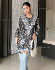 Aiish Straight Chiffon Chikankari Printed Short Kurta Top For Women - Black