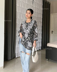 Aiish Straight Chiffon Chikankari Printed Short Kurta Top For Women - Black