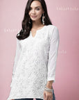 AstarQala - Maithili Georgette Straight Chikankari Short Kurti Top For Women - White - 309