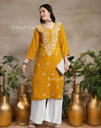AstarQala - Sehar Rayon Straight Chikankari Kurta For Women - Yellow - 346_a8af924f-b03f-416a-989a-690ae9d694e3