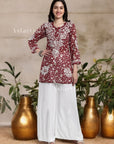 Aiish Straight Chiffon Chikankari Printed Short Kurta Top For Women - Maroon