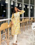 AstarQala - Farheen Mulmul Floral Printed Chikankari Kurti For Women's - Light Yellow - 356