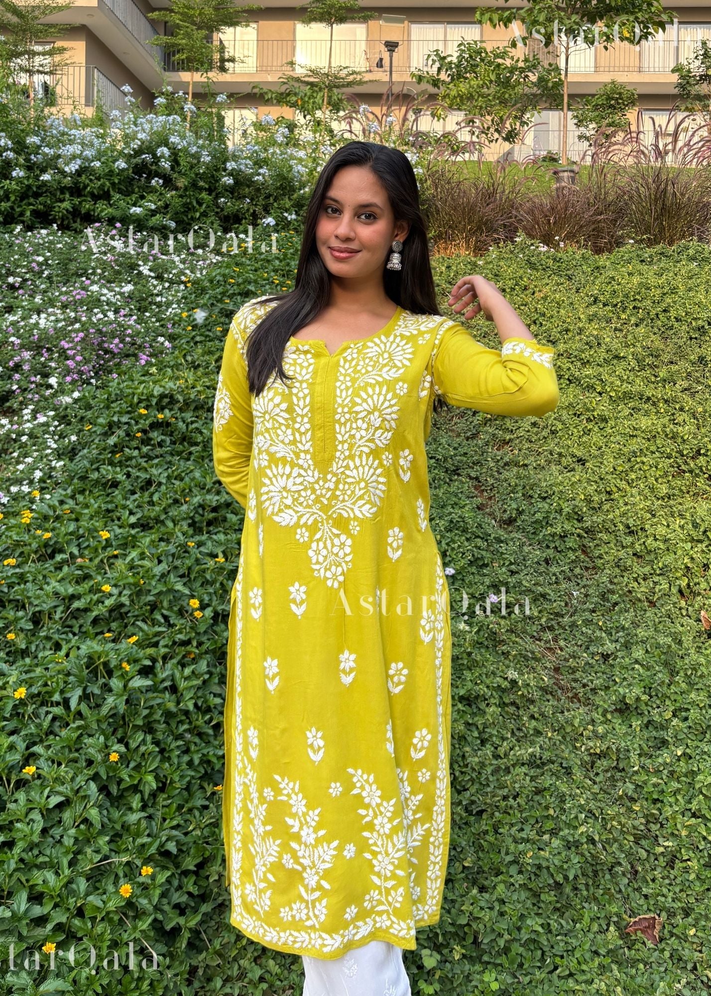 Hira Modal Chikankari Long Kurta Lime Green | AstarQala Hira Modal Chikankari Long Kurta Lime Green | AstarQala