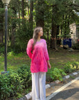 Eliza Ombre mul cotton Chikankari short kurti top in pink, featured outdoors with a natural background and relaxed fit