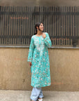 AstarQala - Farheen Mulmul Floral Printed Chikankari Kurti For Women's - Turquoise - 432