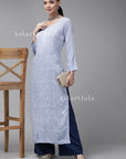 AstarQala - Sada Premium Viscose Georgette Long Lucknowi Chikankari Kurti For Women - Blue - 463