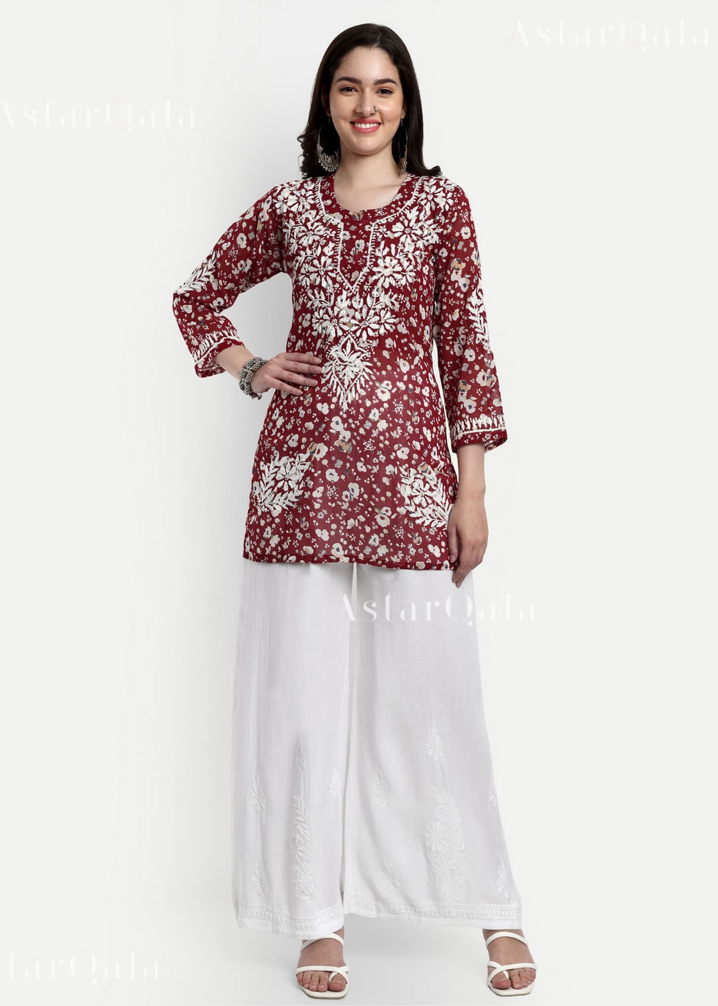 Aiish Straight Chiffon Chikankari Printed Short Kurta Top For