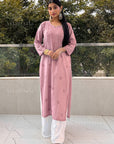 AstarQala - Mehar Chanderi Chikankari Straight Long Kurta For Women - Mauve - 58