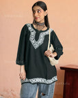 AstarQala - Heer Chikankari Rayon Straight Short Kurta Top - - AstarQala_-_Heer_Chikankari_Rayon_Straight_Short_Kurta_Top_-_Black_5