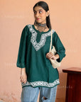 AstarQala - Heer Chikankari Rayon Straight Short Kurta Top - - AstarQala_-_Heer_Chikankari_Rayon_Straight_Short_Kurta_Top_-_Green_2