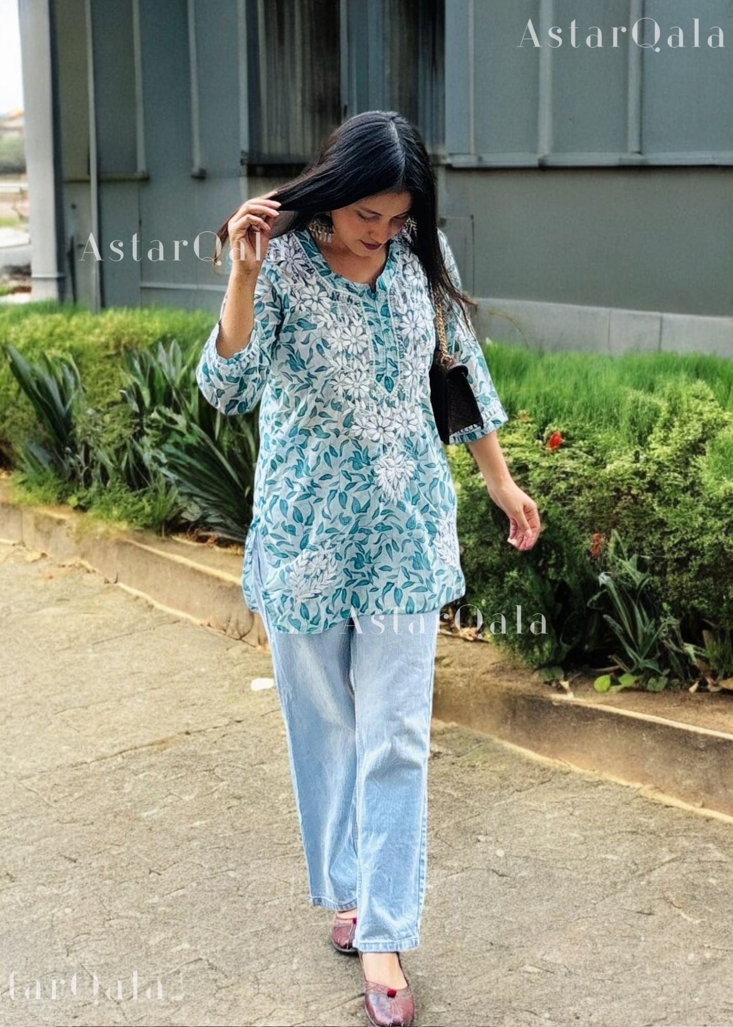 Iza Straight Chiffon Chikankari Printed Short Kurta Top For Women
