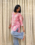 AstarQala - Iza Straight Chiffon Chikankari Printed Short Kurta Top For Women - - AstarQala_-_Iza_Straight_Chiffon_Chikankari_Printed_Short_Kurta_Top_For_Women_-_Pink_2