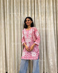 AstarQala - Iza Straight Chiffon Chikankari Printed Short Kurta Top For Women - - AstarQala_-_Iza_Straight_Chiffon_Chikankari_Printed_Short_Kurta_Top_For_Women_-_Pink_5