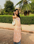 Bushra Rayon Chikankari Sleeveless Long Strap Kurti - Peach