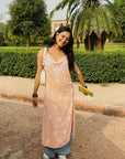 Bushra Rayon Chikankari Sleeveless Long Strap Kurti - Peach