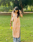 Bushra Rayon Chikankari Sleeveless Long Strap Kurti - Peach