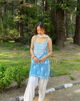 Kaya Strap Long Rayon Chikankari Kurti - Blue