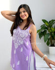 Kaya Strap Long Rayon Chikankari Kurti - Purple