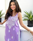 Kaya Strap Long Rayon Chikankari Kurti - Purple