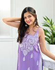 Kaya Strap Long Rayon Chikankari Kurti - Purple