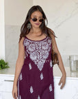 Kaya Strap Long Rayon Chikankari Kurti - Wine