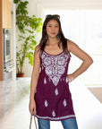 Kaya Strap Long Rayon Chikankari Kurti - Wine