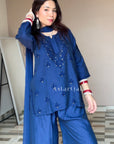 Kishi Chanderi Chikankari Short Kurta Set - Navy Blue