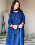 Kishi Chanderi Chikankari Short Kurta Set - Navy Blue
