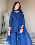 Kishi Chanderi Chikankari Short Kurta Set - Navy Blue