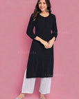 AstarQala - Safina Rayon Cotton Chikankari Solid Women's Long Kurta - Black - Safina_Rayon_Cotton_Chikankari_Solid_Women_s_Long_Kurta_AstarQala_black_1