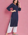 AstarQala - Safina Rayon Cotton Chikankari Solid Women's Long Kurta - Blue - Safina_Rayon_Cotton_Chikankari_Solid_Women_s_Long_Kurta_AstarQala_blue_3