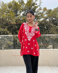 AstarQala - Hamna Rayon Chikankari Straight Short Kurta For Women - Red - hamna-rayon-chikankari-straight-short-kurta-for-women-astarqala-red-xs-43737365119266