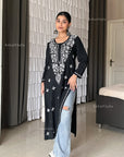 AstarQala - Sehar Rayon Straight Chikankari Kurta For Women - - sehar-rayon-straight-chikankari-kurta-for-women-astarqala-black-s-43568263463202
