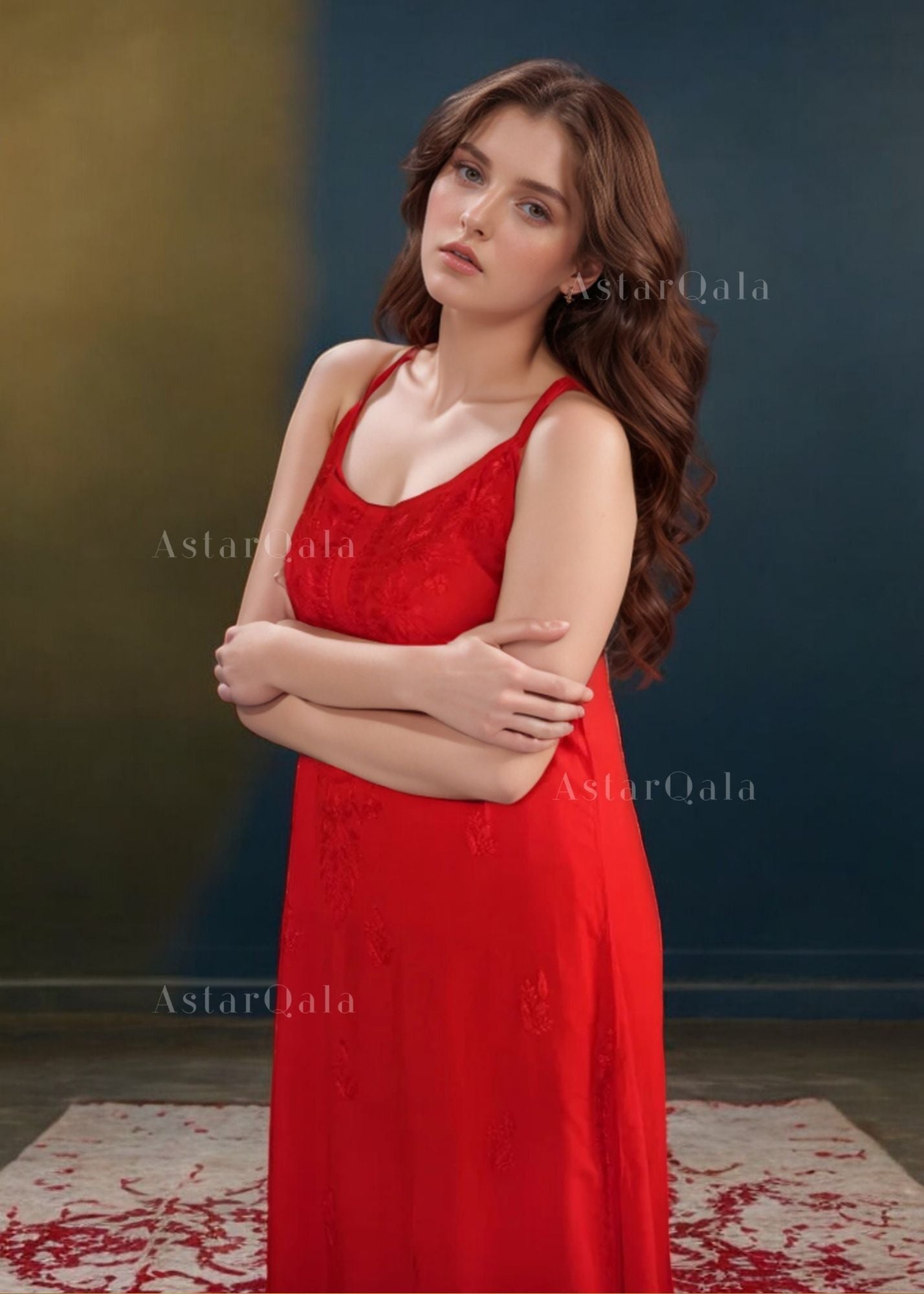 AstarQala - Ziya Chikankari Muslin Noodle Strap 3 piece Set - Red Kurti Palazzo & Dupatta - 112_2698b368-6ace-492d-9c97-29c63d20fc87