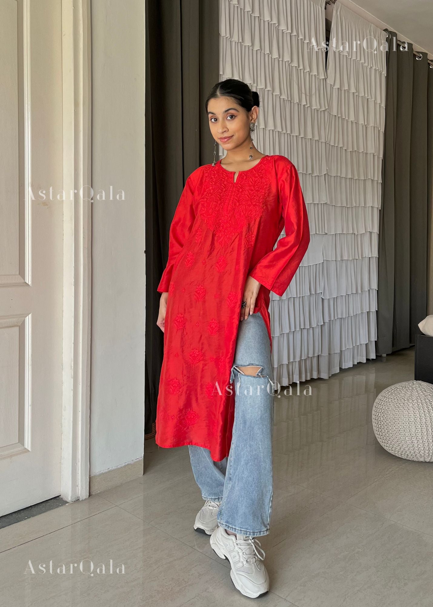 AstarQala - Aspara Chanderi Machine Embroidered Straight Long Kurta For Women - Red - 113