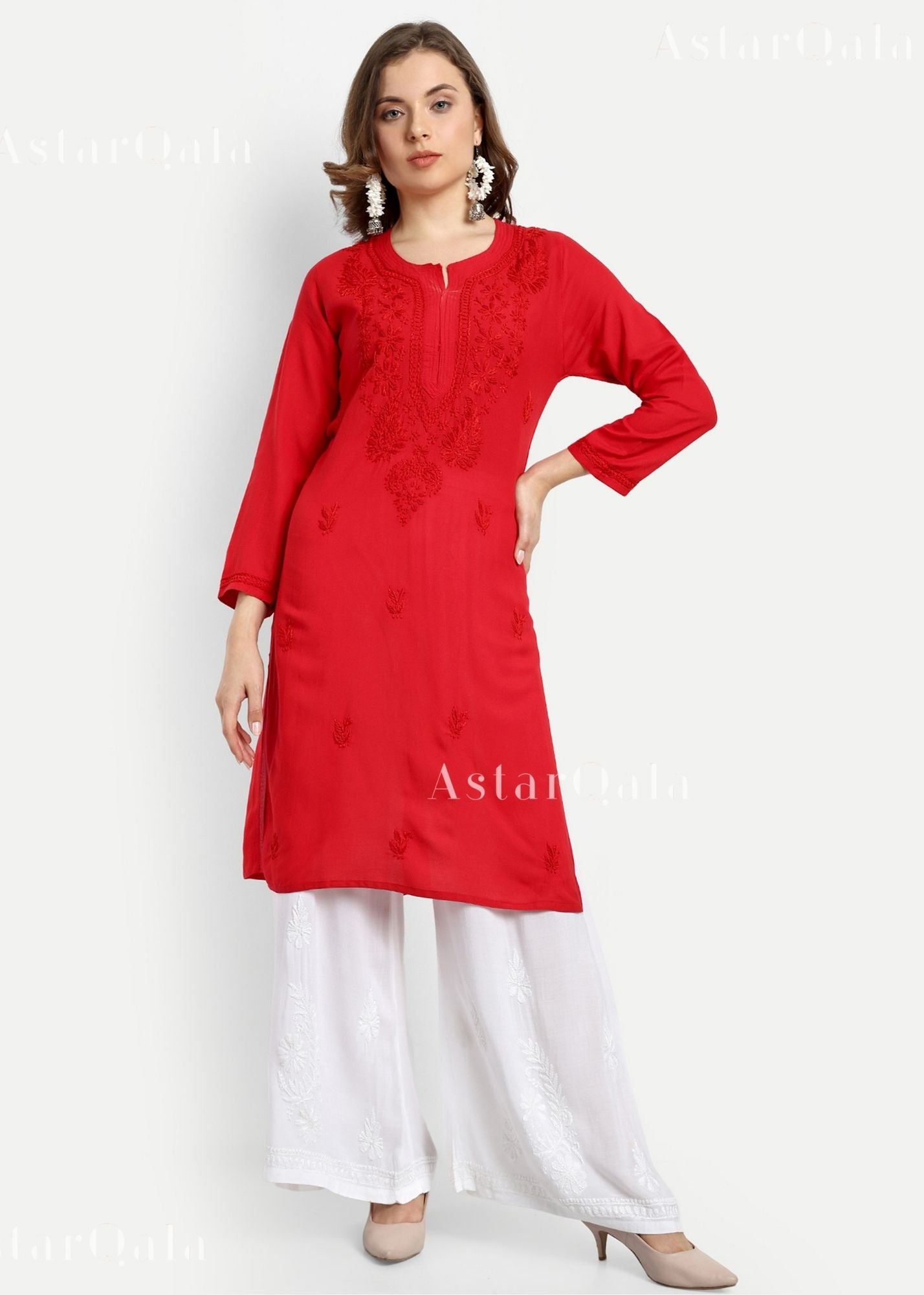Gazala Rayon Straight Chikankari Kurta For Women - Red